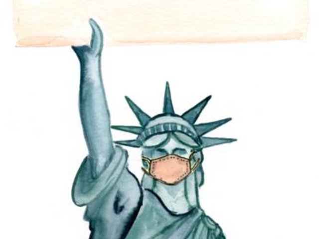 watercolor of Statue of Liberty wearing a mask holding "persist" sign