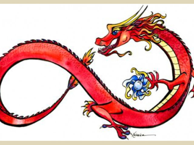 Red watercolor and ink Chinese  dragon in infinity shape on white back ground