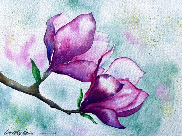 watercolor painting of 2 deep pink magnolia blossoms with spring green behind