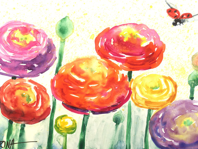 watercolor of multi-colored flowers with ladybug in flight