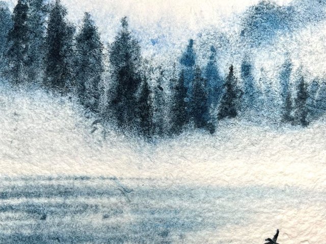 watercolor painting of mountain trees and lake with two birds - blue in color