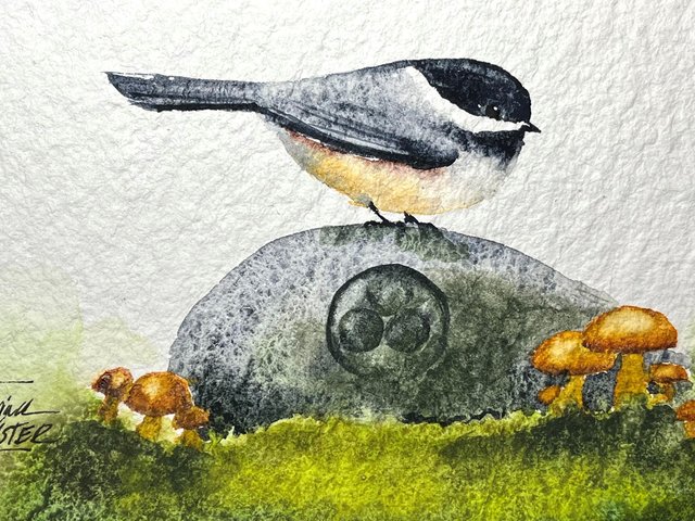 watercolor painting of small bird on engraved rock with moss and mushrooms