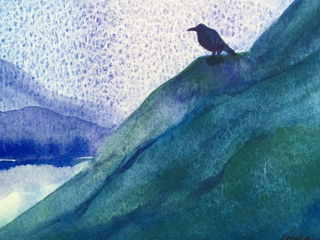 watercolor landscape of rich green and blue hills with raven