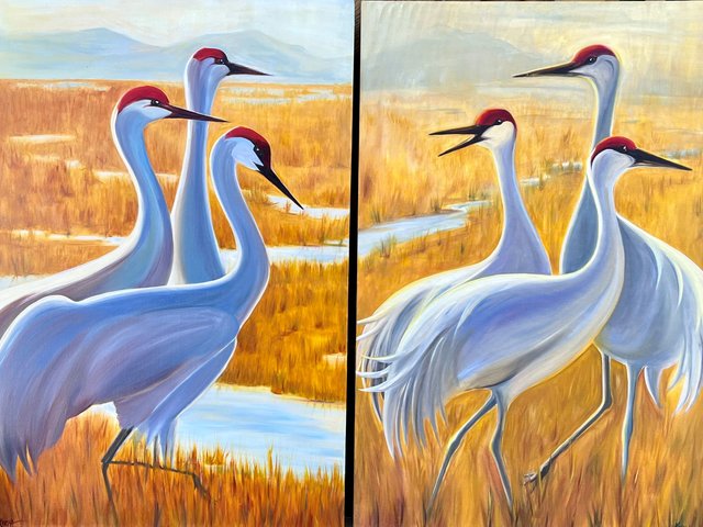2 oil paintings of 6 sandhill cranes in grass with water and mountains