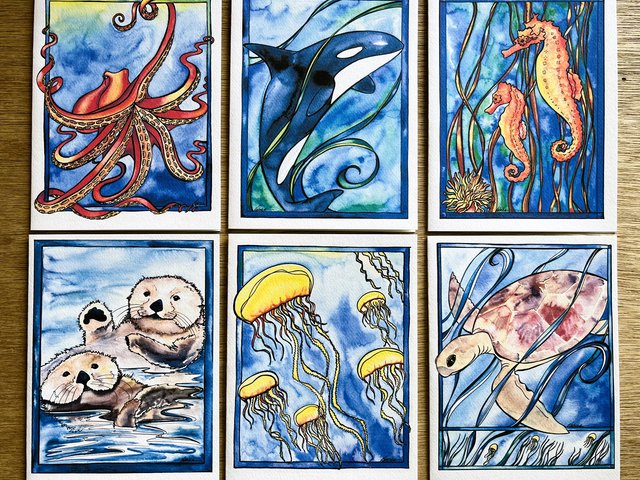 6 assorted sea creature notecards