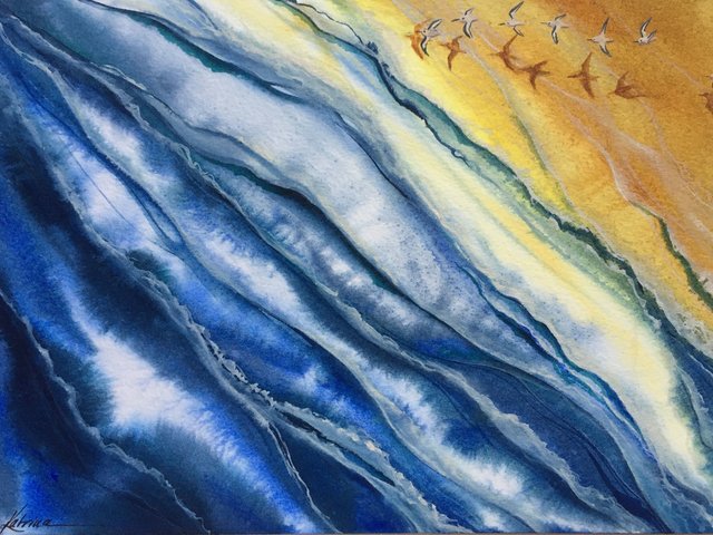 watercolor painting layers of blues and white waves and small flock of birds