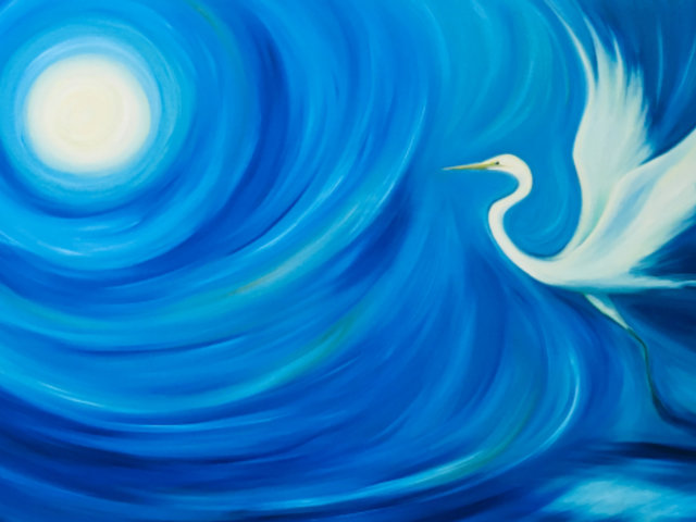 oil painting of long necked white bird and moon against a backdrop of blue