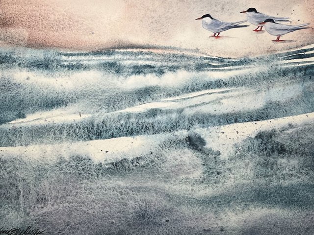 watercolor painting of blue and white waves with 3 birds on sand