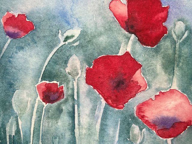 watercolor painting of red poppies against a field of green and periwinkle