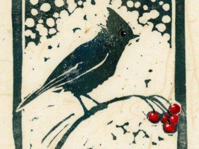 Block print of Titmouse on berry branch with snow on natural white
