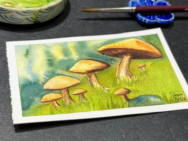 "Tiny Mushrooms" a very small original Watercolor Painting